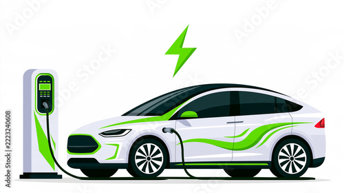 Véhicule électrique en charge : voiture branchée à une borne de recharge rapide, concept de mobilité durable, isolé sur fond blanc