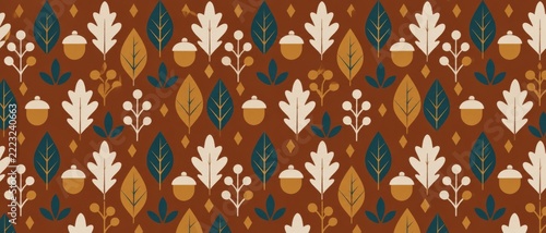 Seamless autumn fall pattern featuring stylized oak leaves, acorns, branches, and diamond motifs in warm brown, cream, teal, and orange tones, suitable for seasonal textile, wallpaper, and packaging