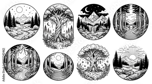 Set of circular landscape badges with mountain forest scenery and nature scenes, hand-drawn stippling style, adventure travel, outdoor exploration