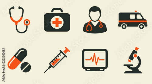 Set of medical and healthcare icons including stethoscope, doctor, ambulance, syringe, microscope, heart monitor, medicine, diagnostic tools