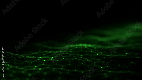 Digital hexagon dynamic wave of particles. Abstract green futuristic background. Big data visualization. 3D rendering.