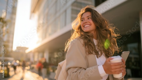 Happy young woman smiling walking city street with coffee and phone golden hour sunlight