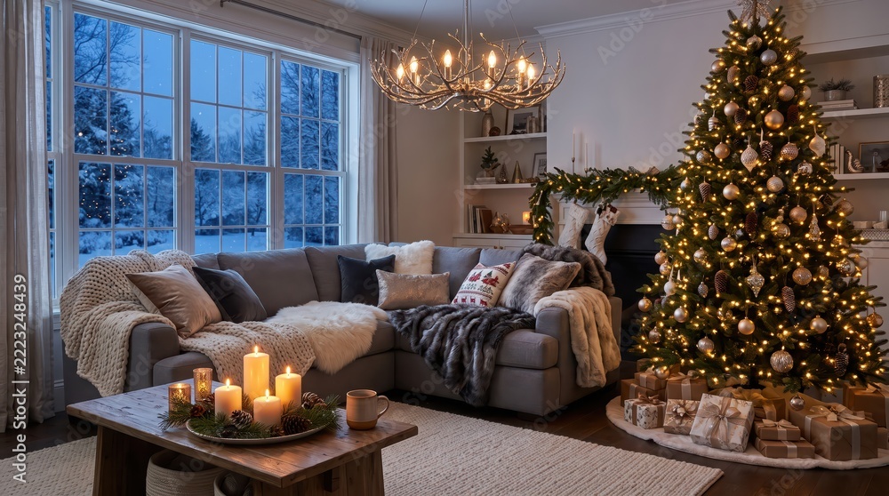 Naklejka premium Decorated Christmas tree beside sofa in cozy living room with snowy winter view. Holiday home interior. Christmas celebration and seasonal decorating. Festive family gathering concept.