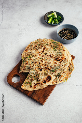 Spring Onion pancakes with Soy Sauce and sliced green onions