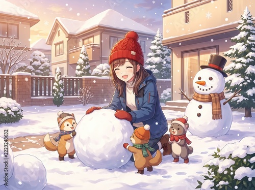 Cute Christmas Characters Building a Snowman, Joyful Winter Scene with Snowman and Cute Animals