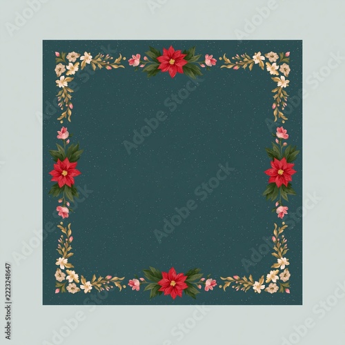Floral frame with red poinsettias on dark green background