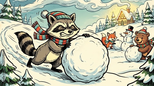 Cute Christmas Characters Building a Snowman, Playful Animals Creating Snowballs in Winter Scene