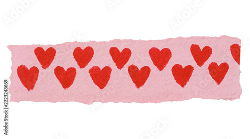 Hand drawn red hearts on a pink paper strip