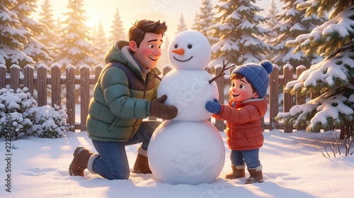 Cute Christmas Characters Building a Snowman, Father and Son Building a Snowman in Winter Scene