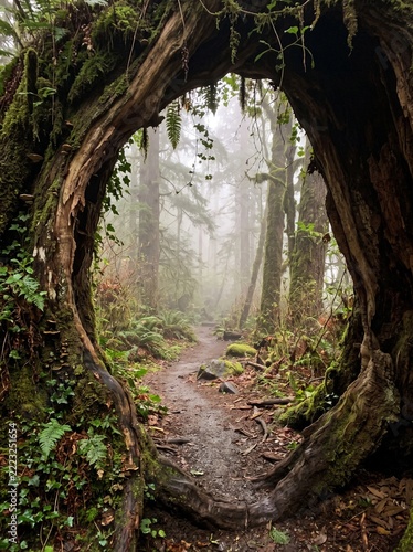 A mystical forest path winding through an ancient, moss-covered tree arch, enveloped in an ethereal mist, inviting exploration into nature's serene wilderness