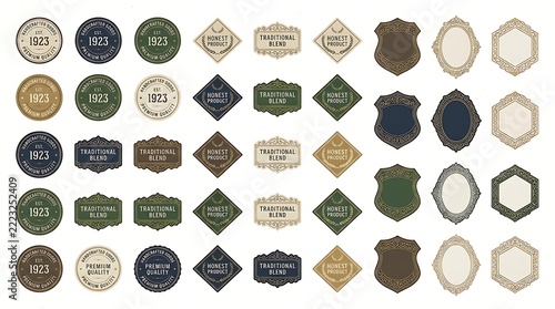 Assortment of modern circular and geometric badges with hand crafted and traditional blend text, green and beige colors.