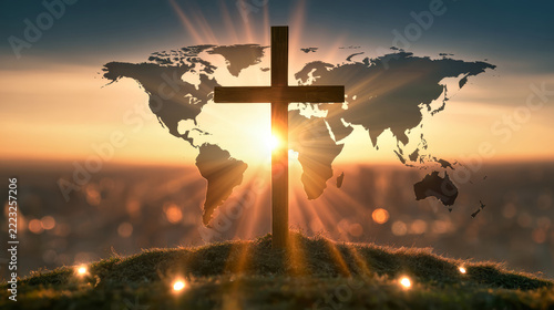 A cross stands in front of a world map with sunlight creating a bright glow behind it. The scene suggests a moment of reflection during sunset