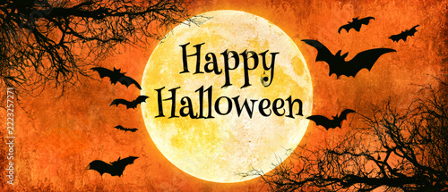 A full moon shines behind a backdrop of bats and dark trees with Halloween text. The setting has an orange sky and a spooky vibe, inviting celebration
