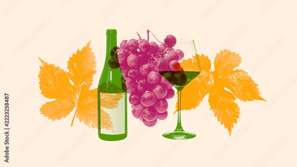 Fototapeta premium Tinted wine bottle, glass, grapes and vine leaves layered on cream background. Winery branding, vineyard tourism concept.