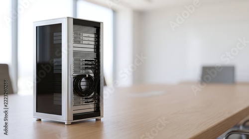 Server rack with connected cables on a wooden table in a bright modern office