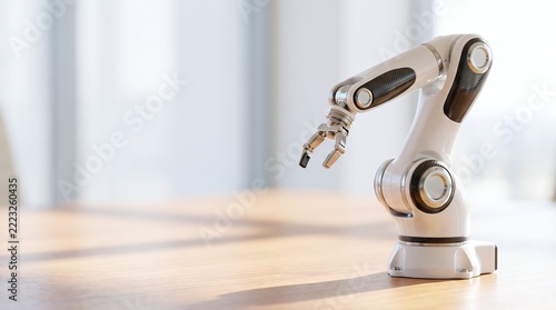 A modern robotic arm with a gripper rests on a wooden surface near a window with soft light
