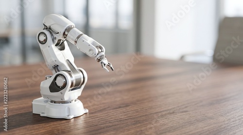 White robotic arm with articulated joints on a wooden table clean modern interior background