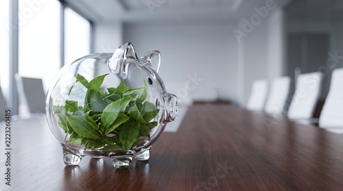 Clear glass piggy bank filled with green leaves on a wooden table money