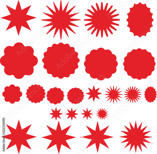 Red starburst badges and discount sticker shapes set vector promo tags