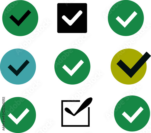 Check mark icon set green checkmarks tick buttons and checkbox symbols vector