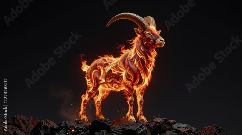 Elemental Fire Goat Symbol of Chinese New Year 2027 Full Body on Dark Background