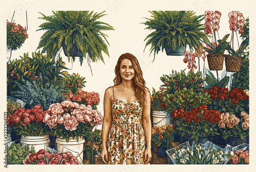 Charming vintage style digital illustration of a smiling beautiful young female florist in a pretty summer floral dress standing inside a lush vibrant botanical market filled with blooming plants.