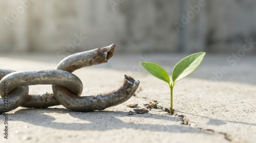 Green Plant Shoot Sprouting from Concrete Beside Broken Chain