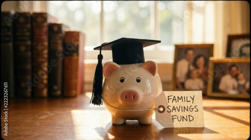 Piggy Bank with Graduation Cap Beside Family Savings Fund Sign