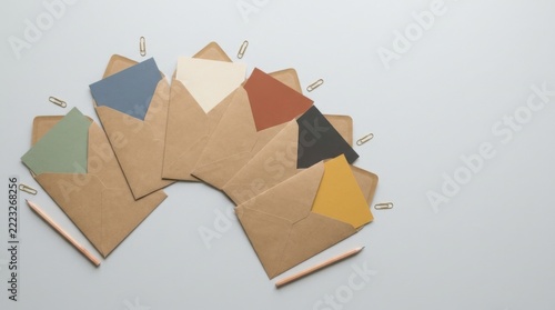 Fan Arrangement of Pastel Earthy Paper Envelopes on Grey