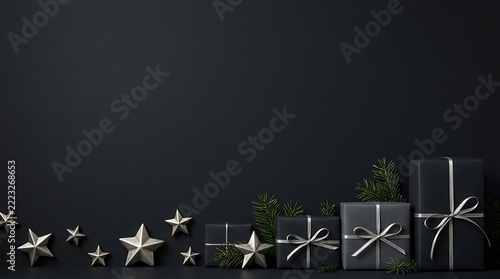 Array of black christmas presents and silver star ornaments arranged on a dark backdrop with wrapping celebration decoration seasonal branches metallic