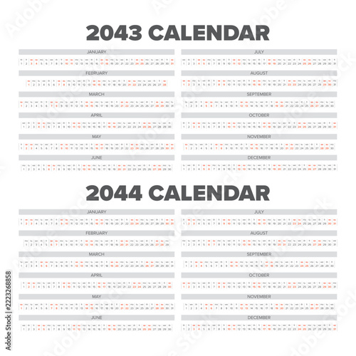 2043 and 2044 Linear Annual Calendar Set