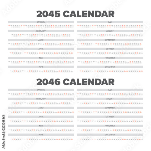 2045 and 2046 Linear Annual Calendar Layouts