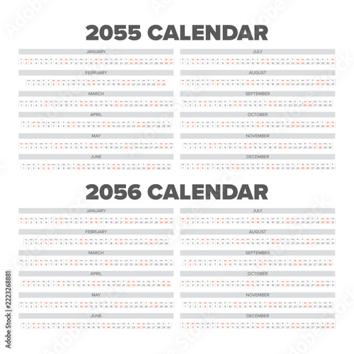 2055 and 2056 Linear Annual Calendar Templates