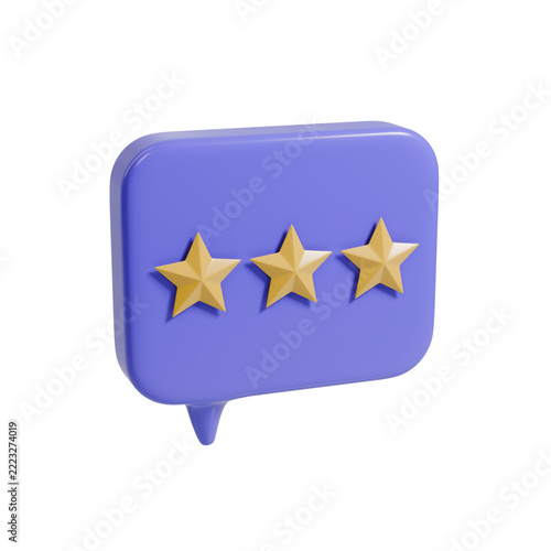 Perspective 3D Cartoon Render Speech Bubble with Three Stars Isolated