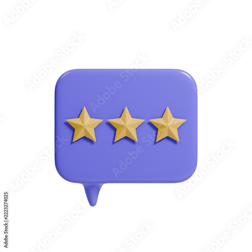 3D Cartoon Render Speech Bubble with Three Stars Isolated