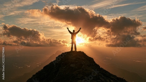 Silhouette of person standing on mountain peak at sunrise with arms raised