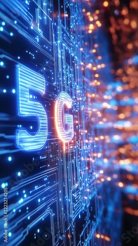 The animation shows 5G technology through glowing lines and illuminated numbers in a digital environment