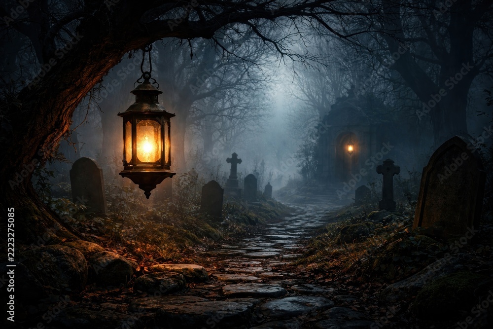 Fototapeta premium Eerie lantern illuminates foggy path.