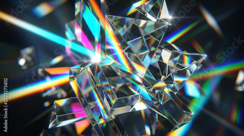 Prism refraction showing bright rainbow light beams splitting through clear geometric crystals.