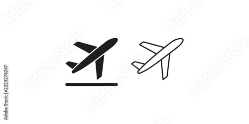 Airplane takeoff and flying symbols in solid black and outline stroke designs.