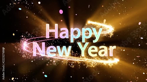 Sparkling Happy New Year text on dark background.