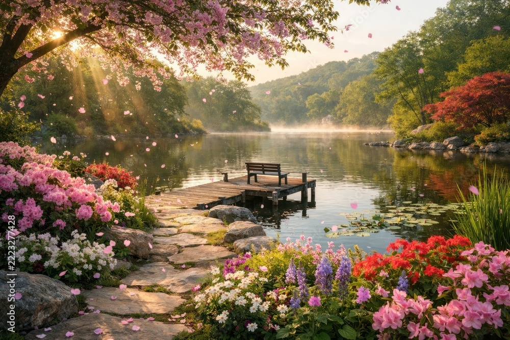 Fototapeta premium Serene lakeside garden paradise