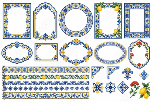 Portuguese azulejo frames and borders in blue and yellow floral tile patterns, with decorative rectangular, oval, and circular frames and ornamental strips.