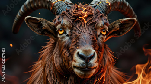 Extreme Close Up Portrait of Fiery Mythical Goat with Glowing Amber Eyes and Lava Horns 3D Render Chinese Zodiac 2027