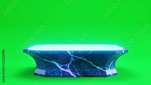 Futuristic Blue Crystal Table with Glowing Energy Cracks on Green Screen