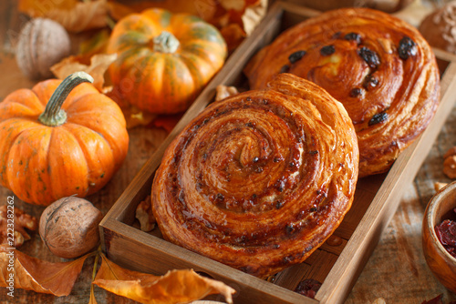 Autumn pastry with nuts and dried fruits in a rustic, homemade, cozy atmosphere