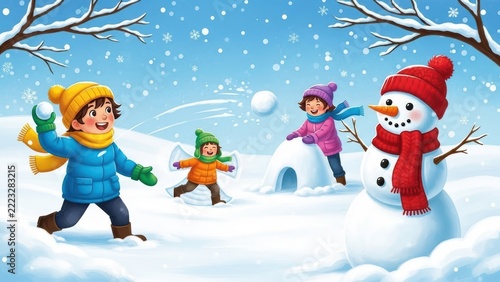 Winter children playing in snow, happy kids building snowman and throwing snowballs, joyful winter outdoor activities, snowy landscape illustration