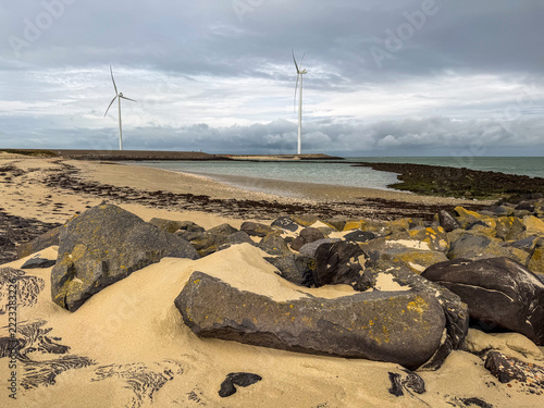 Wind Turbines and Delta works at Neeltje Jans. Zeeland, The Netherlands.