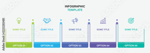 Five stage business infographic template with colorful footer bars and minimal line icons. horizontal workflow infographic with connected timeline elements. vector illustration.