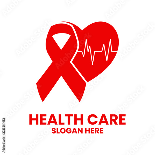 Red Ribbon Heart Logo with EKG Line for Medical Healthcare Awareness. Health care logo design vector template